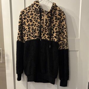 Leopard Print Sherpa Hoodie with Black Panel